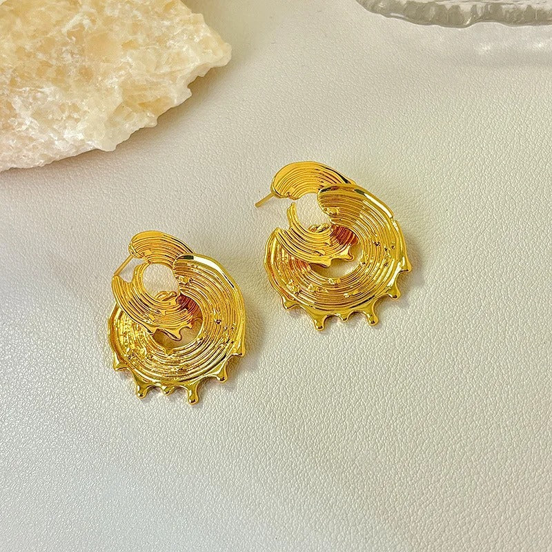 Vintage Gold Wave Round Double Hoop Stud Earrings-Lydieannejewelry