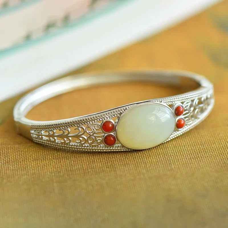 Classic Silver Green Stone & Coral Bangle Bracelet-Lydieannejewelry