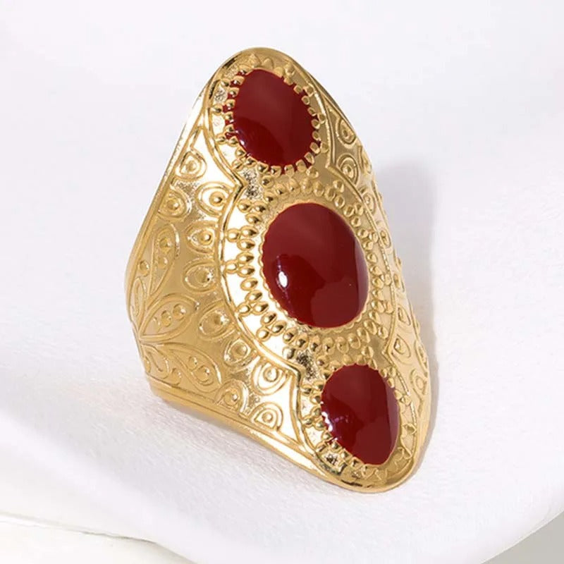 Vintage Gold & Red Tri-Stone Adjustable Ring-Lydieannejewelry