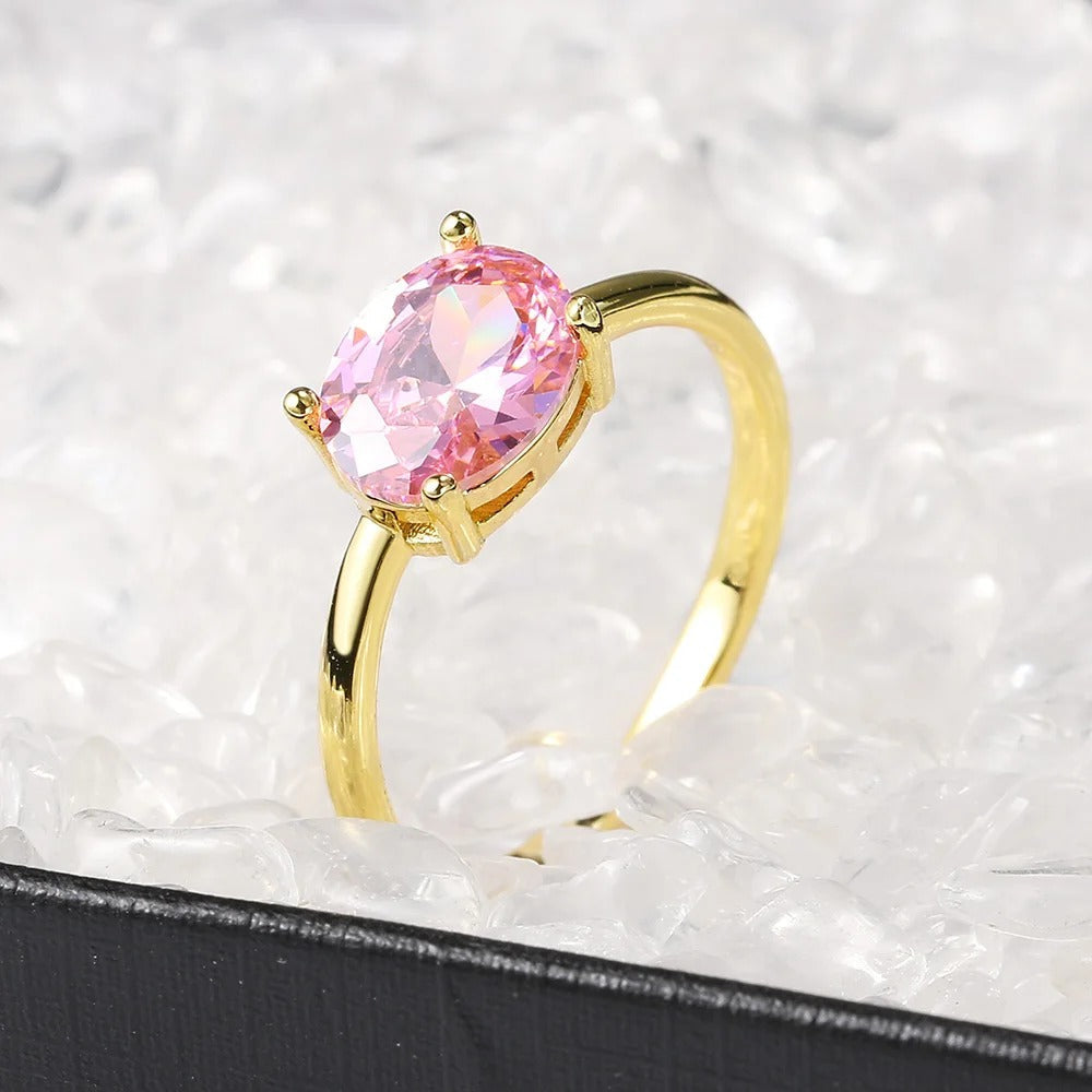 Gold Oval Pink Center Stone & Smooth Band Ring-Lydieannejewelry