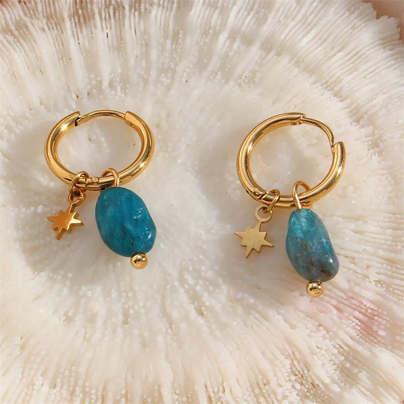 Classic Gold Turquoise Charm & Star Pendant Hoop Earrings-Lydieannejewelry