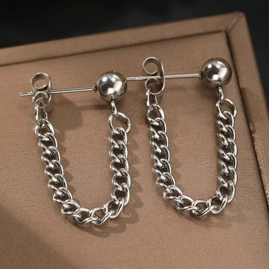Vintage Silver Ball & Chain Earrings-Lydieannejewelry