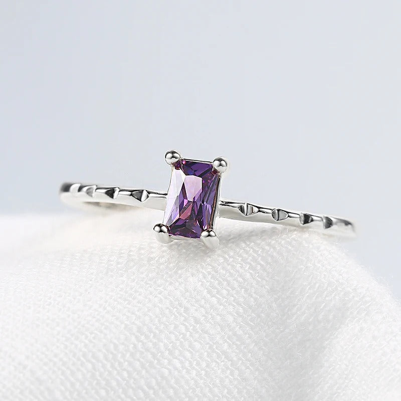 Silver Rectangular Purple Gem & Unique Textured Band Ring-Lydieannejewelry