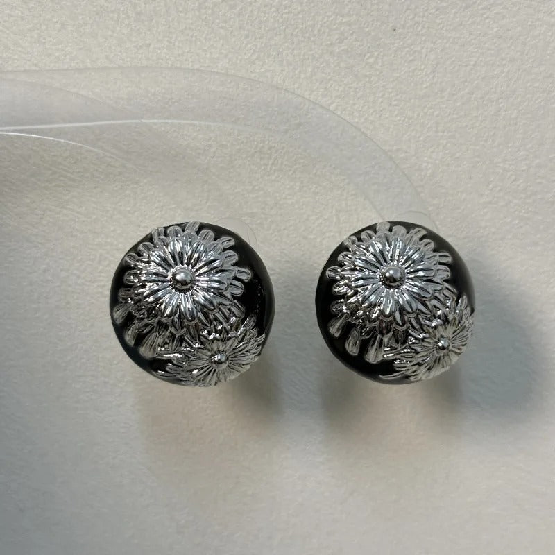Classic Black Vintage Silver Flower Design Earrings-Lydieannejewelry