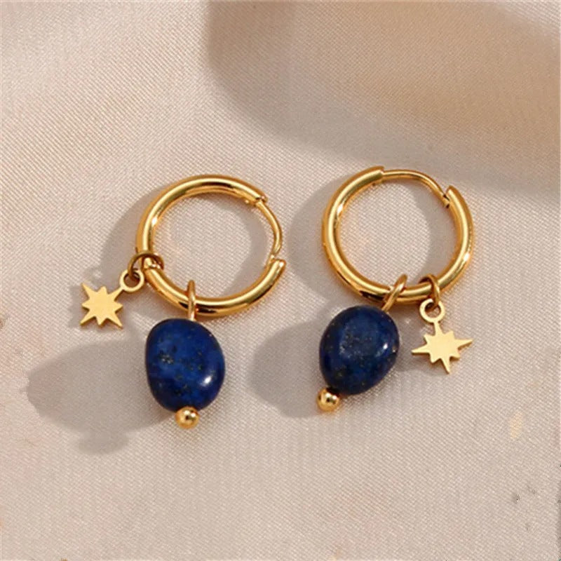 Vintage Gold Star & Blue Charm Hoop Earrings-Lydieannejewelry