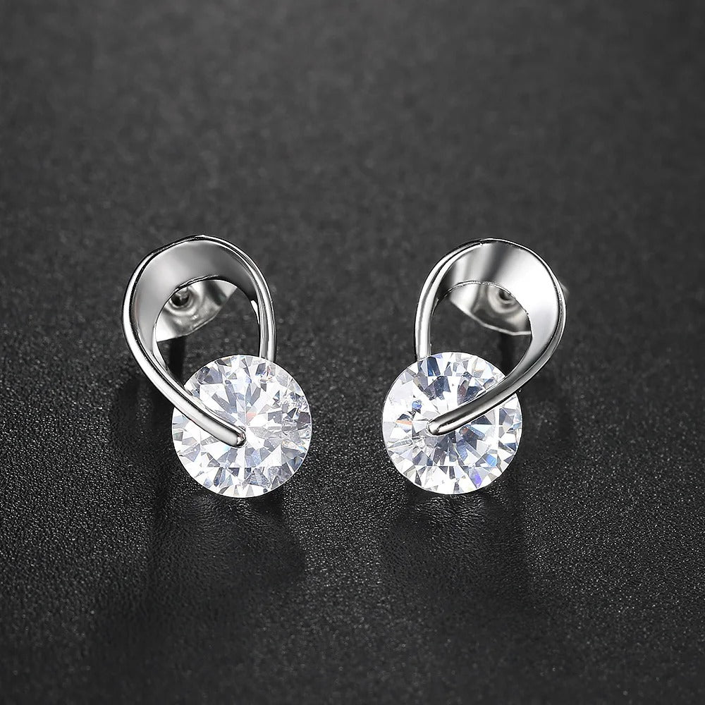 Classic Silver Sparkling Clear Gemstone Curved Earrings-Lydieannejewelry