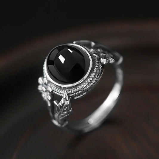 Vintage Black Crystal Flower Silver Ring-Lydieannejewelry