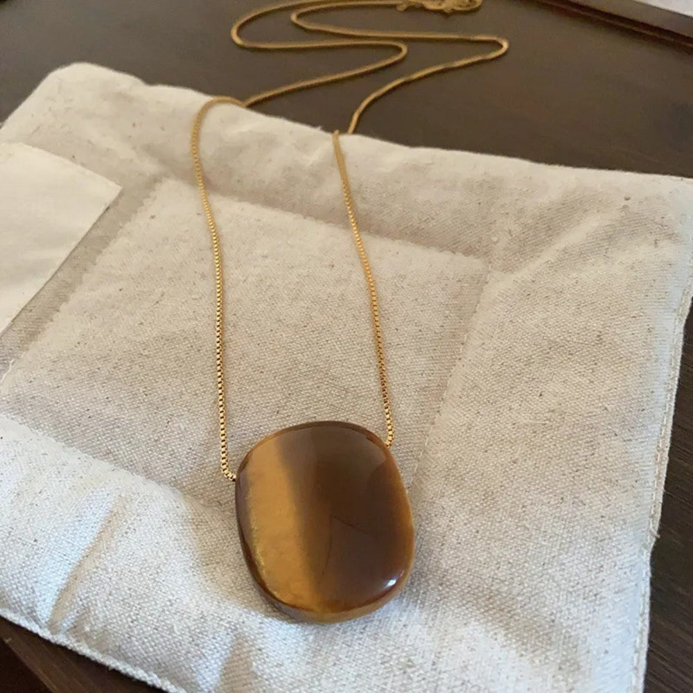 Vintage Oval Tiger Eye Stone Pendant Long Necklace-Lydieannejewelry