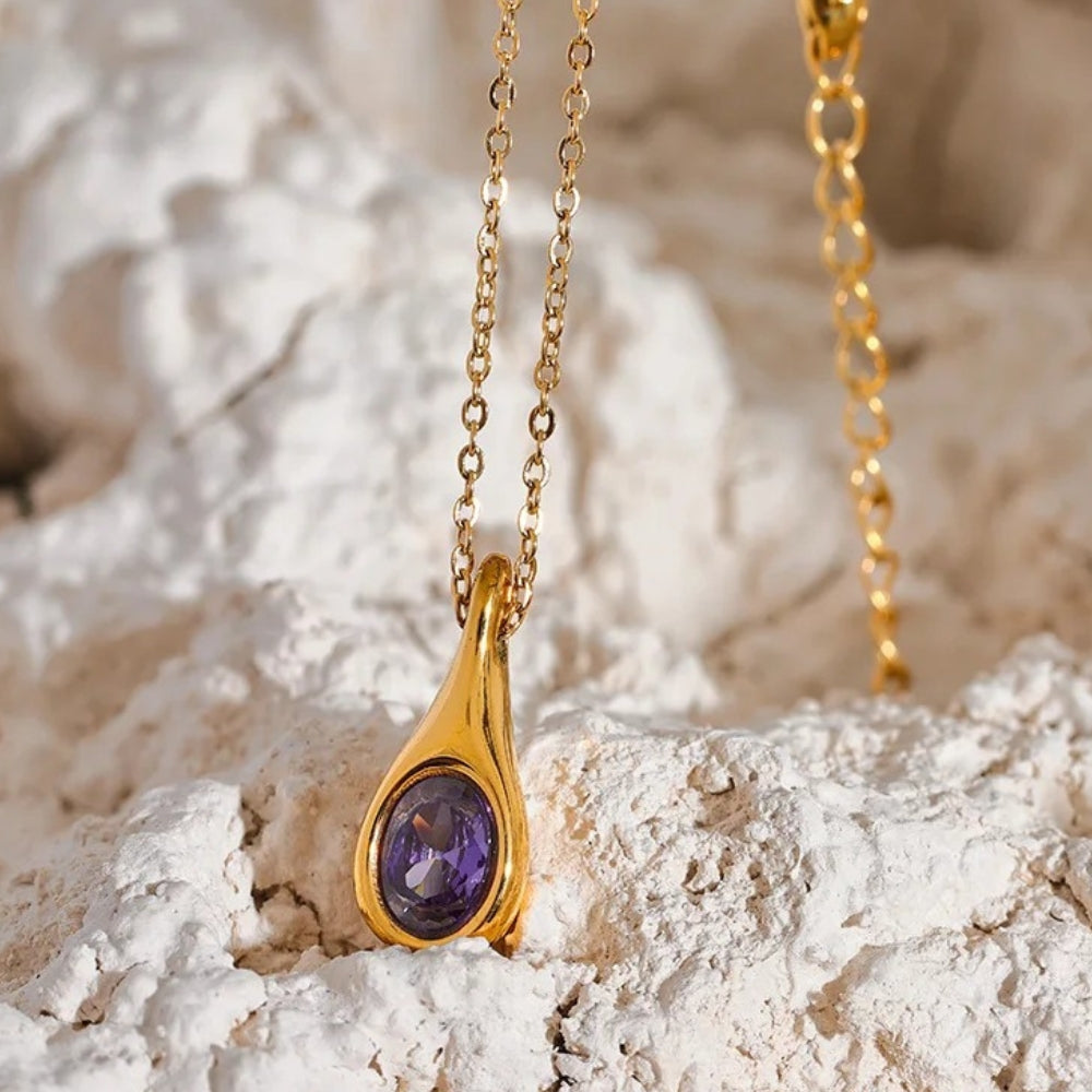 Vintage Gold Purple Teardrop Necklace-Lydieannejewelry