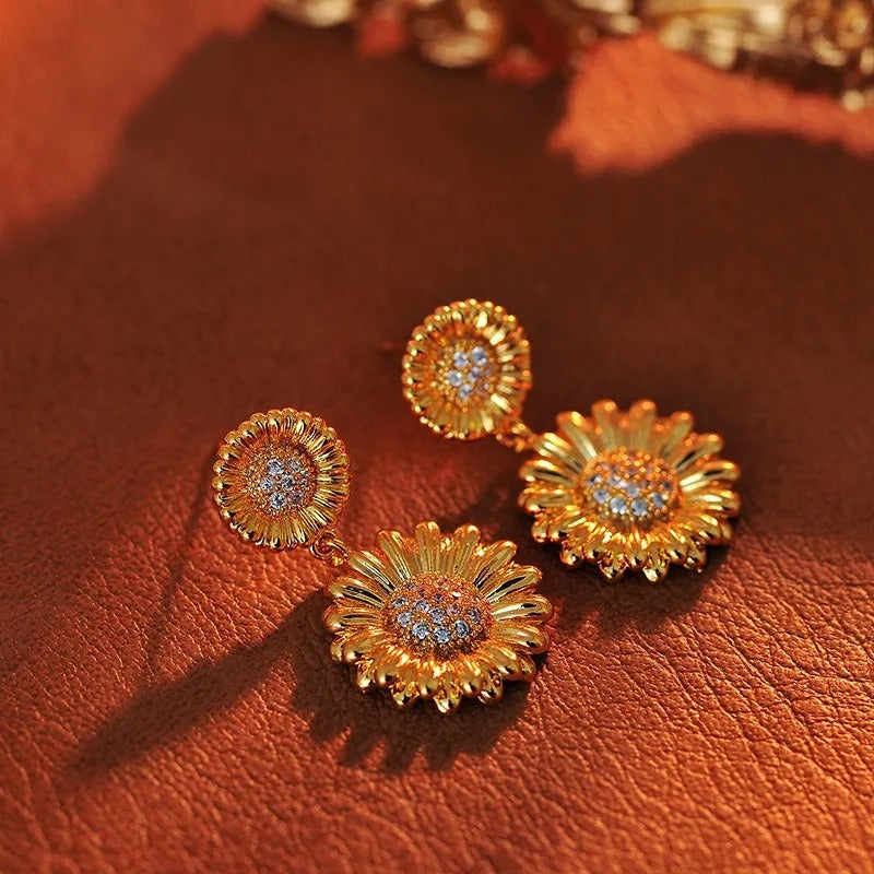 Vintage Gold Sunflower Drop Earrings-Lydieannejewelry