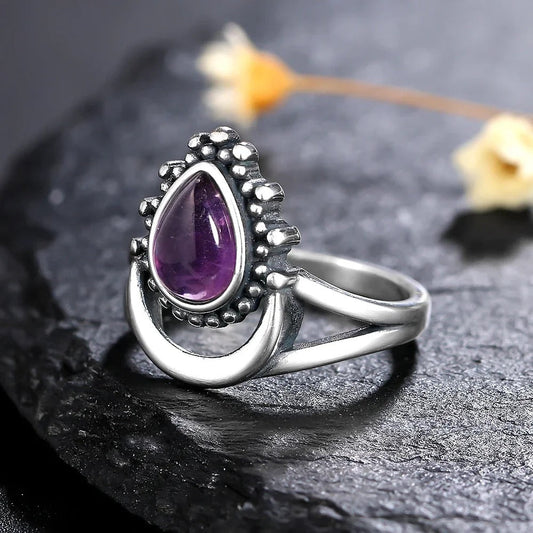 Vintage Purple Teardrop Silver Ring-Lydieannejewelry