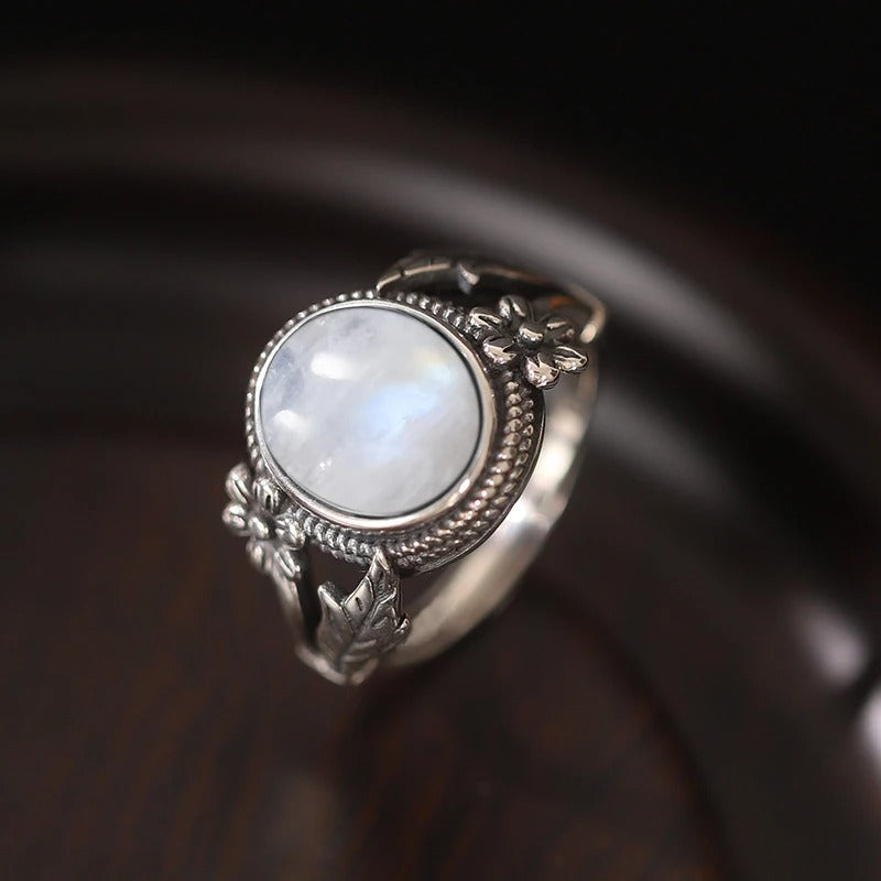 Vintage Floral Moonstone Silver Ring-Lydieannejewelry