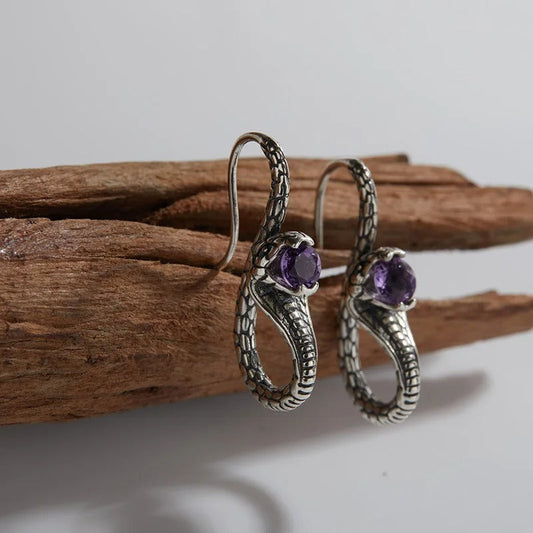 Vintage Silver Snake & Amethyst Earrings-Lydieannejewelry