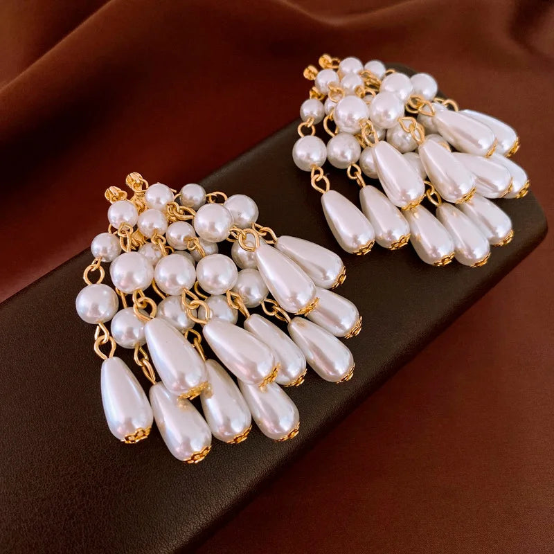 Vintage Large Strand Water Drop Pearl Dangle Earrings-Lydieannejewelry