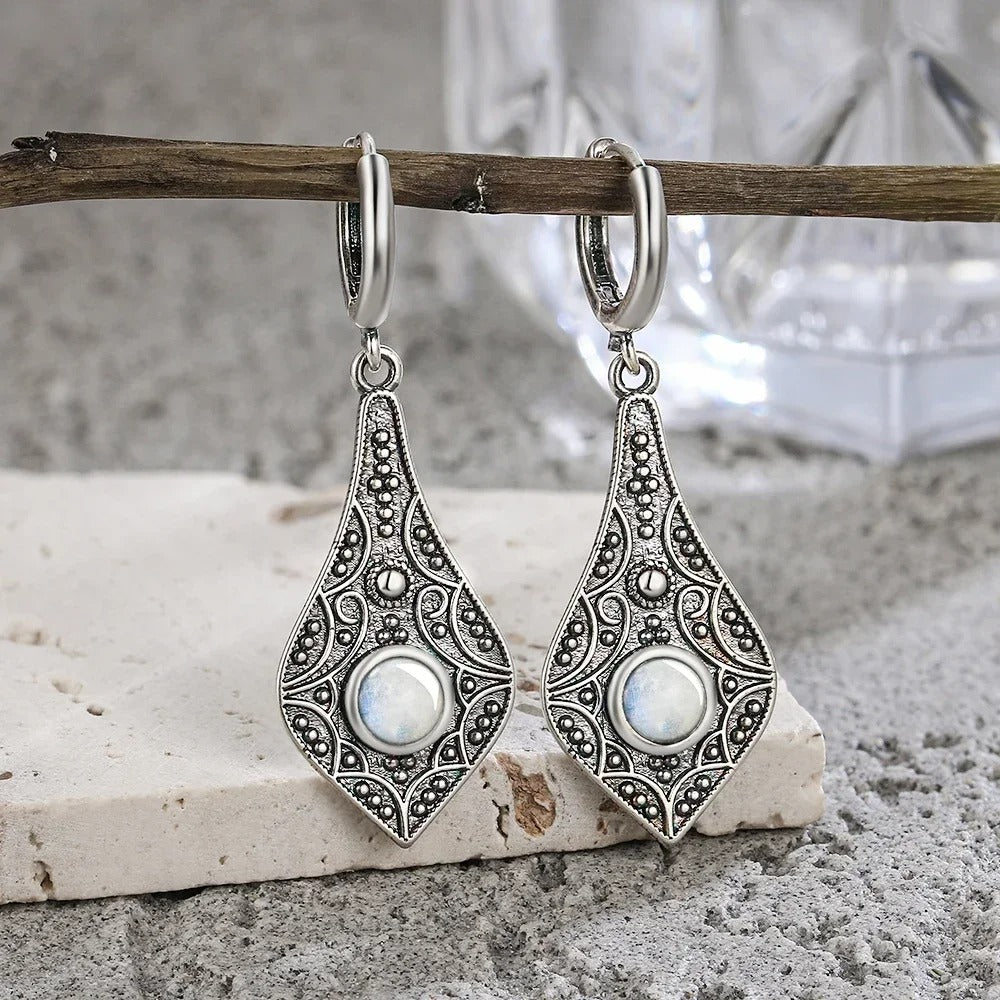 Vintage Silver Teardrop Moonstone Earrings-Lydieannejewelry