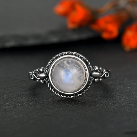 Vintage Silver Round Moonstone Ring-Lydieannejewelry