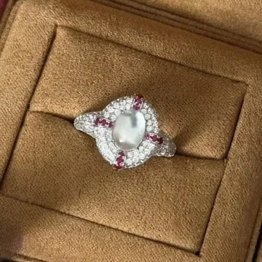 Retro Silver & Ruby Oval Cluster Ring-Lydieannejewelry