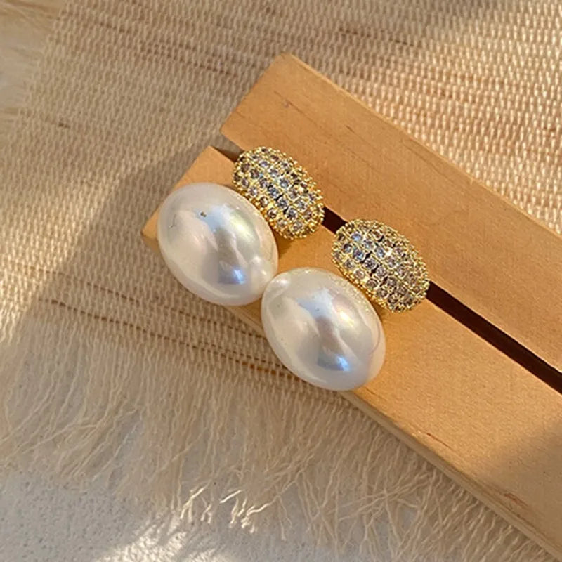 Gold Oval Pearl Drop Stud Earrings-Lydieannejewelry