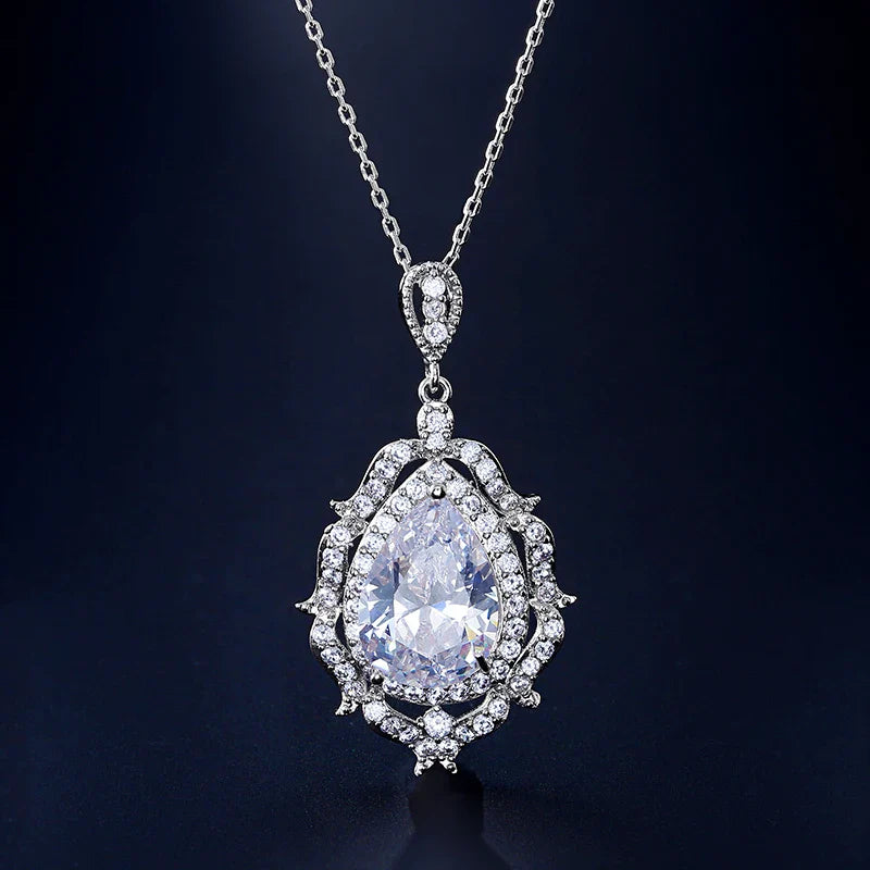 Vintage Silver Teardrop Crystal Necklace-Lydieannejewelry