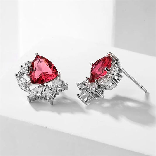 Vintage Silver Red Crystal Stud Earrings-Lydieannejewelry