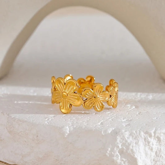 Vintage Gold Flower Adjustable Open Ring-Lydieannejewelry