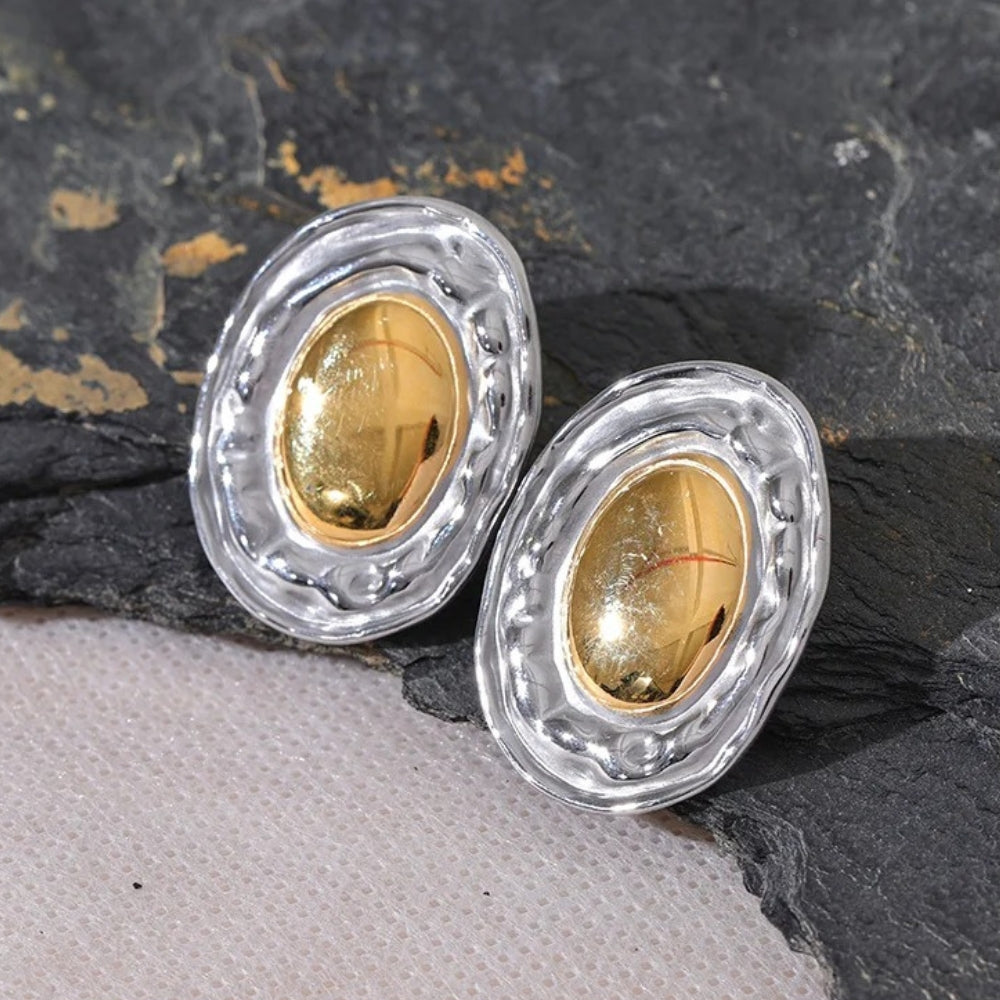 Vintage Silver & Gold Oval Earrings-Lydieannejewelry