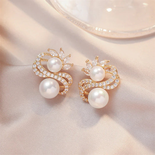 Vintage Pearl & Crystal Swirl Earrings-Lydieannejewelry