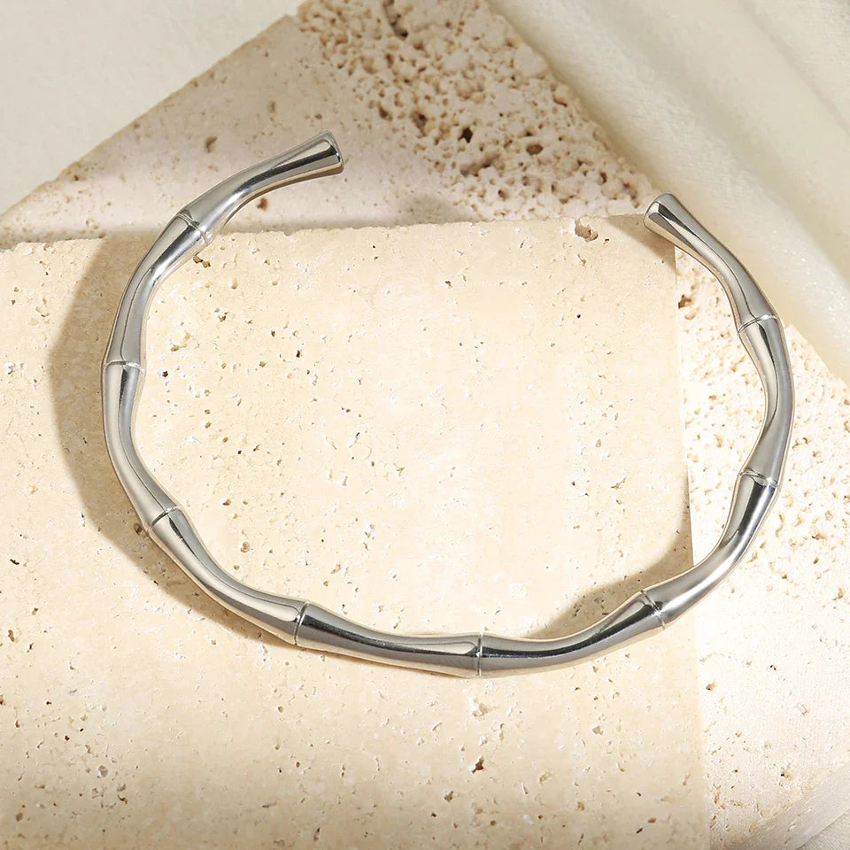 Silver Minimalist Bamboo Cuff Bracelet-Lydieannejewelry