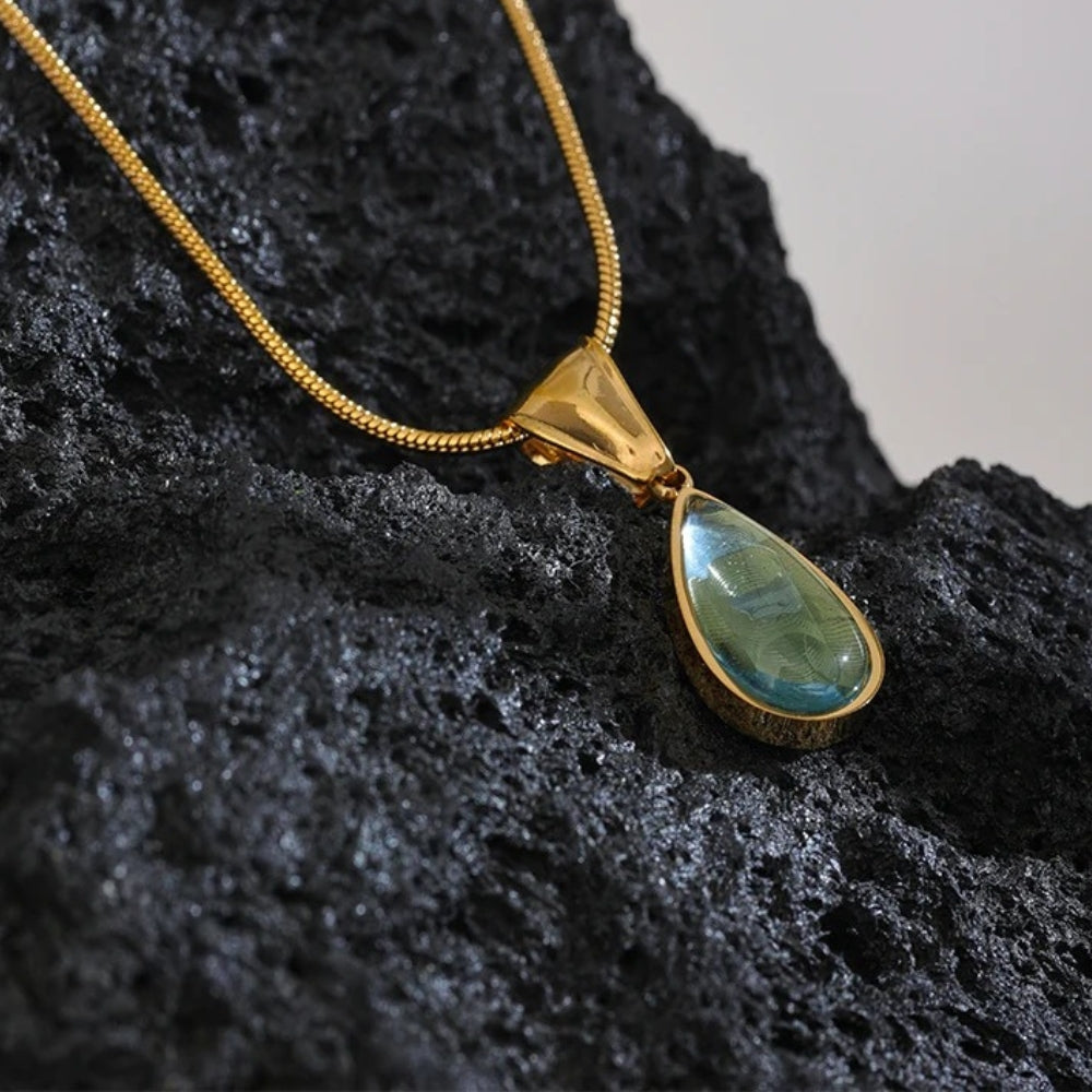 Vintage Green Glass Crystal Water Drop Pendant Necklace-Lydieannejewelry