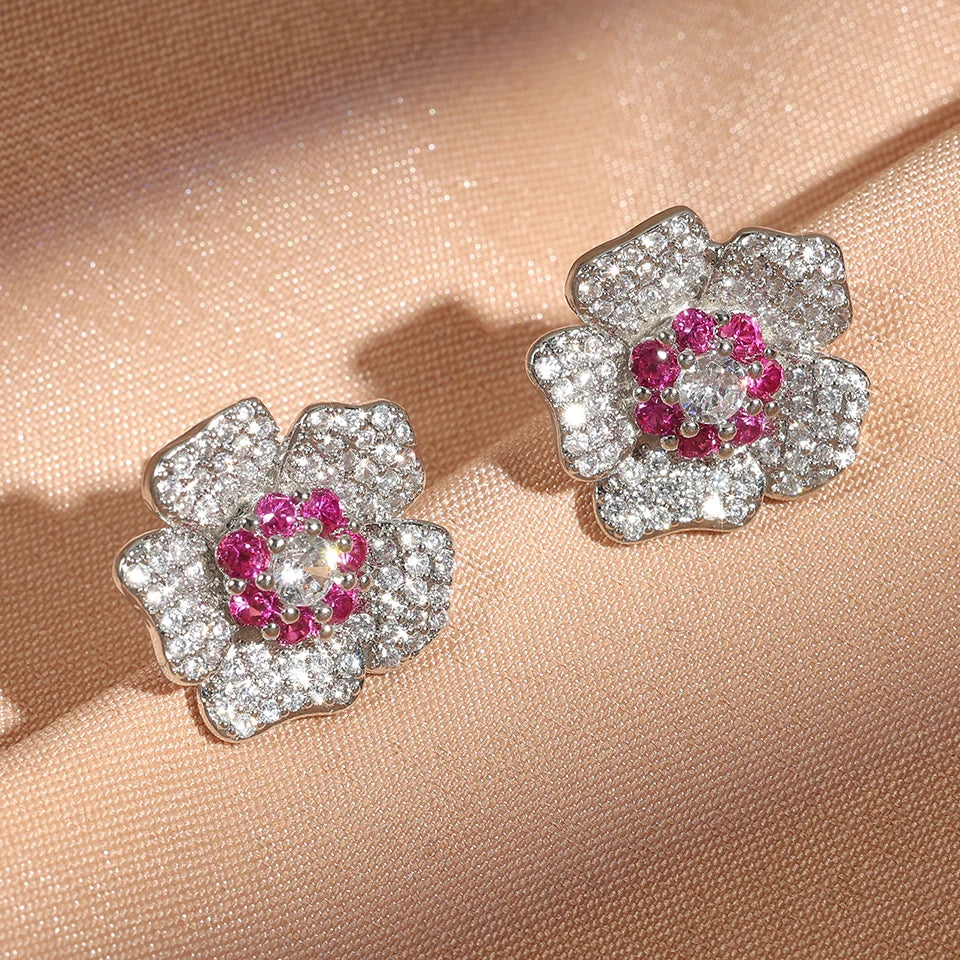 Vintage Silver Pink Flower Earrings-Lydieannejewelry