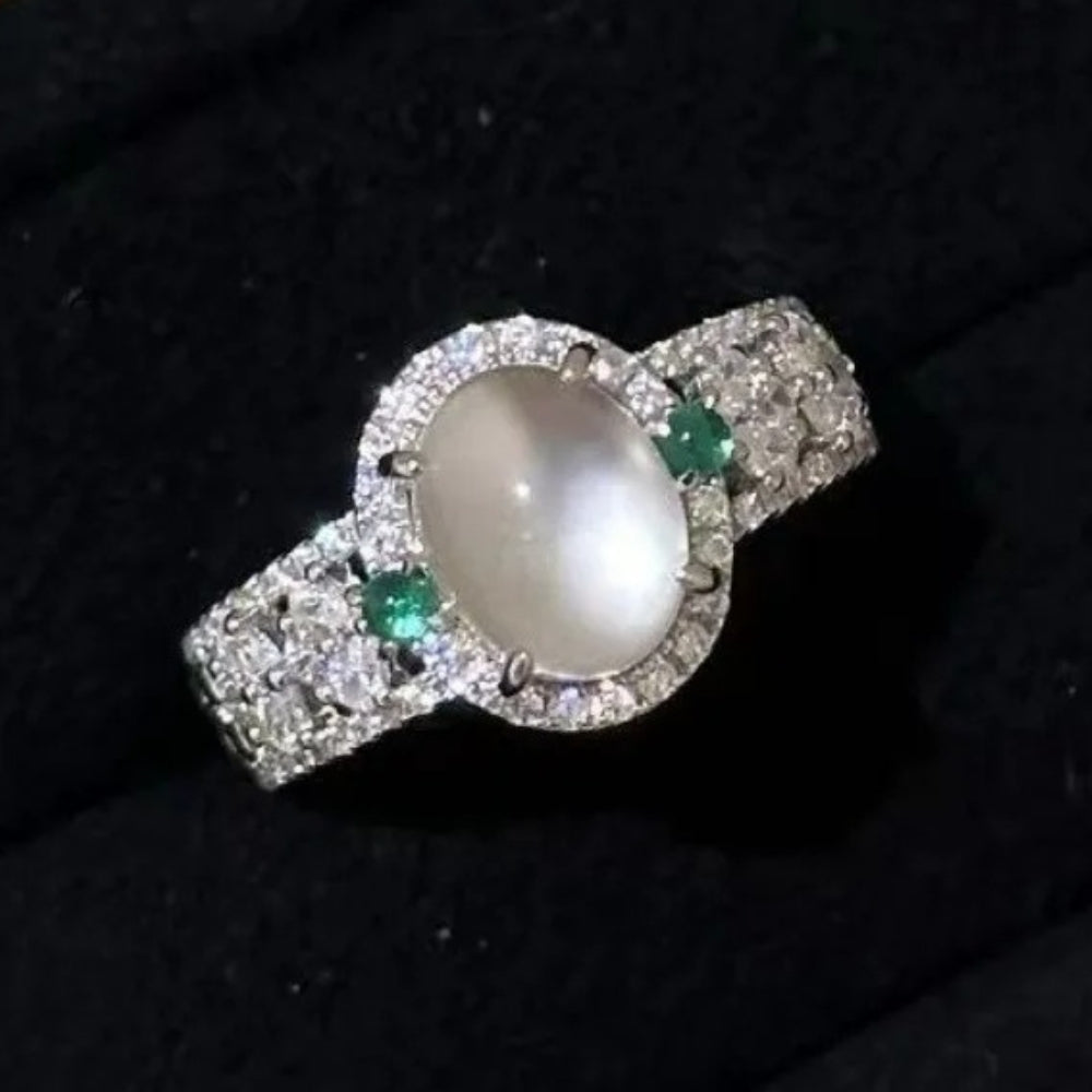 Retro Silver White & Green Gemstone Moonstone Adjustable Ring-Lydieannejewelry