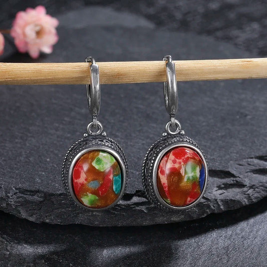 Silver Multicolor Oval Earrings-Lydieannejewelry
