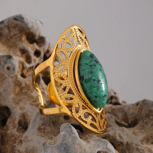 Gold Ornate Green Stone Open Ring-Lydieannejewelry