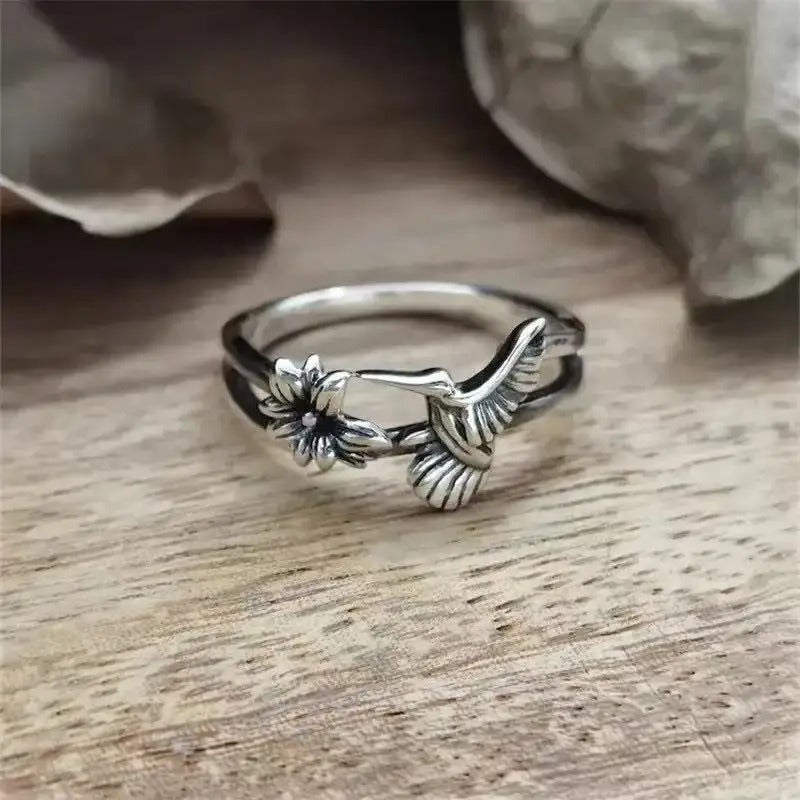 Vintage Hummingbird Flower Silver Ring-Lydieannejewelry