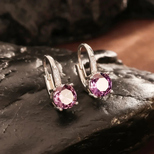 Silver Vintage Round Purple Earrings-Lydieannejewelry