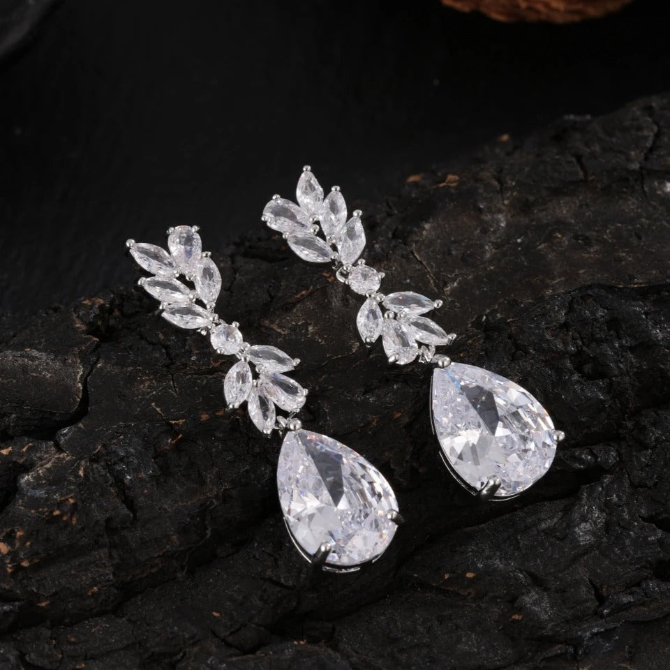 Silver Vintage Crystal Leaf Drop Earrings-Lydieannejewelry