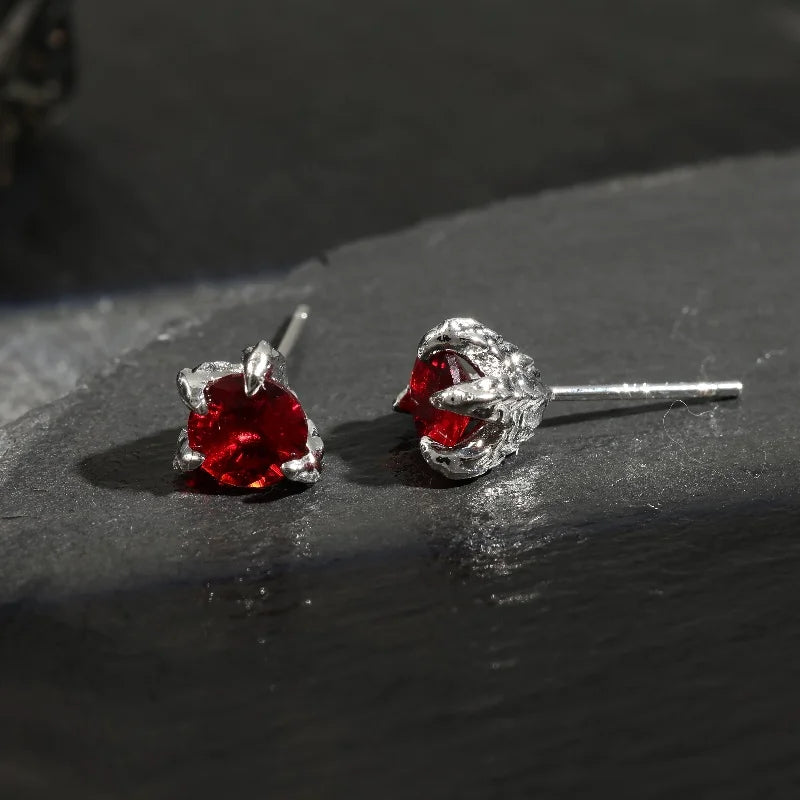 Vintage Silver Red Claw Stud Earrings-Lydieannejewelry
