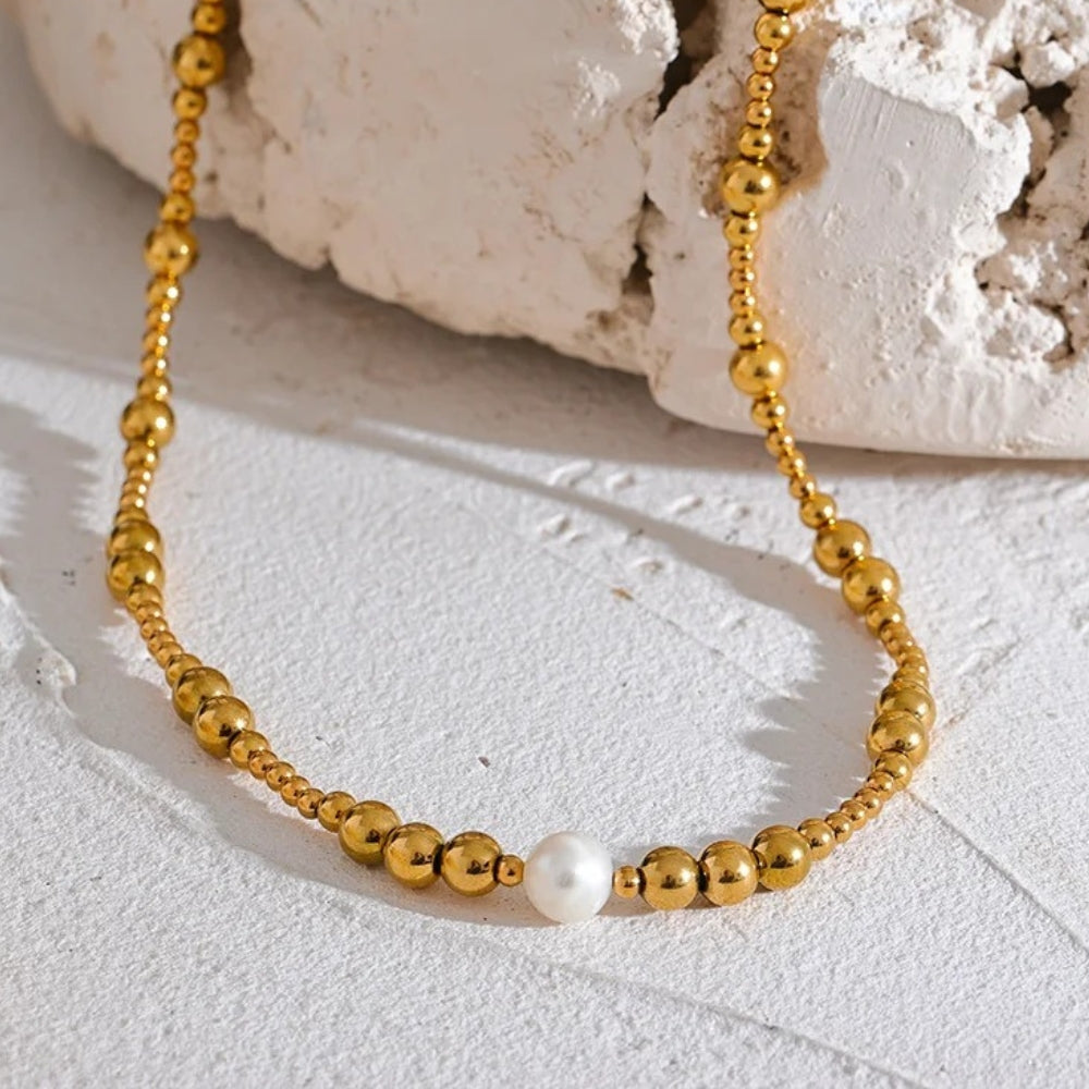 Gold Beaded Pearl Accent Necklace-Lydieannejewelry