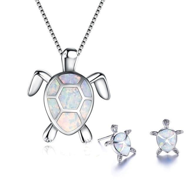 Sea Turtle Necklace + Earrings Set in Opal and Silver-Lydieannejewelry
