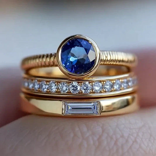 Vintage Gold Blue Zirconia Ring Set-Lydieannejewelry