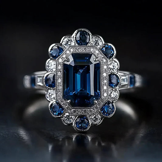 Vintage Blue Crystal Mandala Silver Ring-Lydieannejewelry