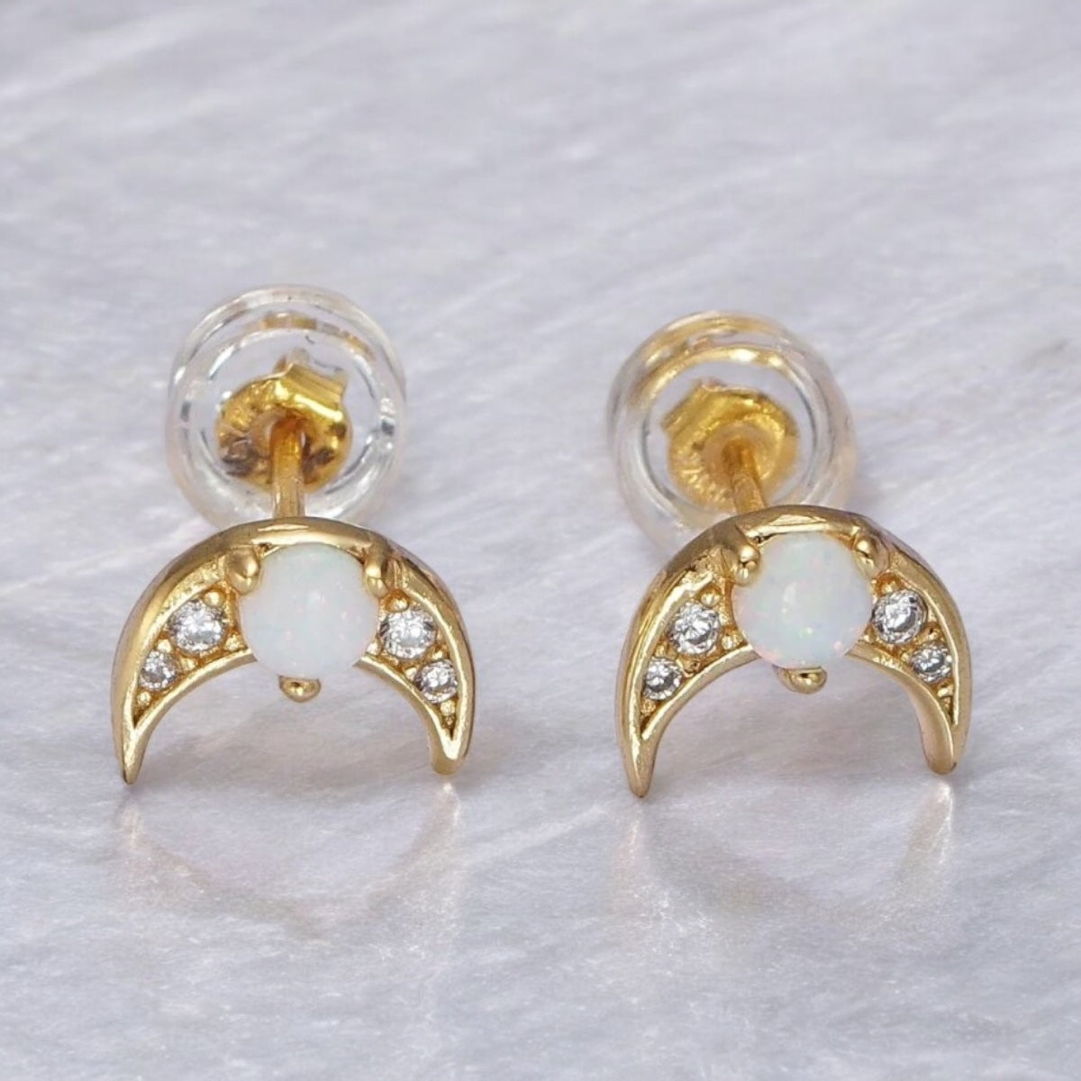 Opal Moon Stud Earrings-Lydieannejewelry