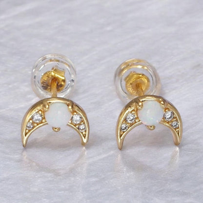 Opal Moon Stud Earrings-Lydieannejewelry