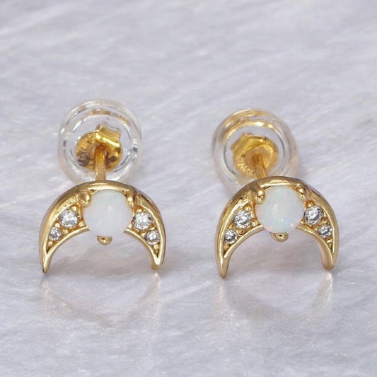 Opal Moon Stud Earrings-Lydieannejewelry