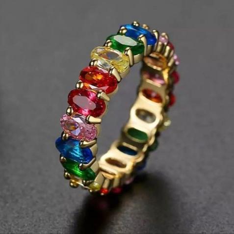 Vintage Colorful Inlaid Crystals Gold Ring-Lydieannejewelry