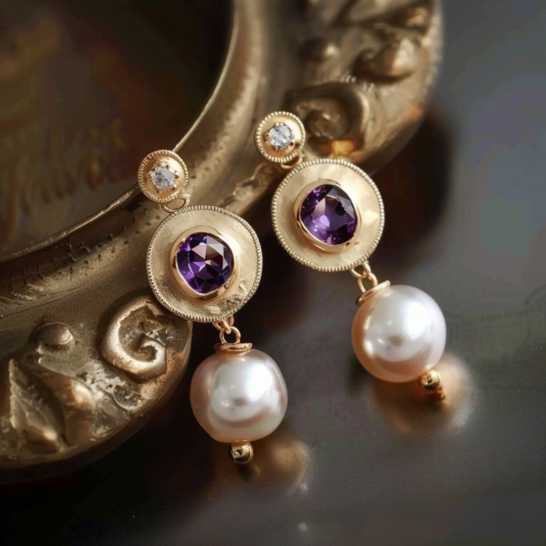 Golden Purple Pearl Earrings-Lydieannejewelry