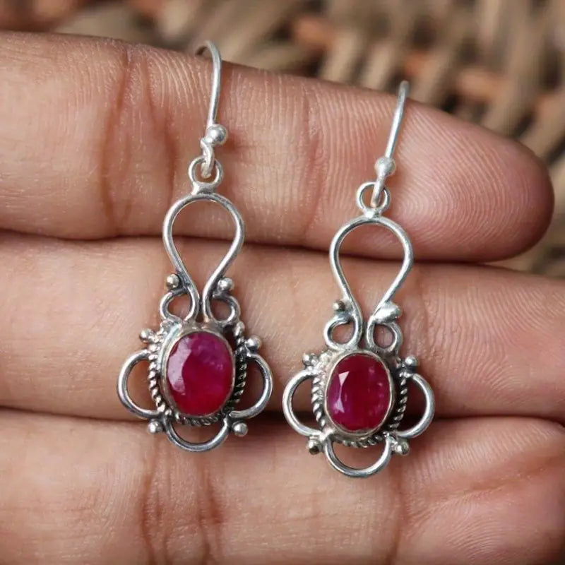 Vintage Garnet Stone Silver Earrings-Lydieannejewelry
