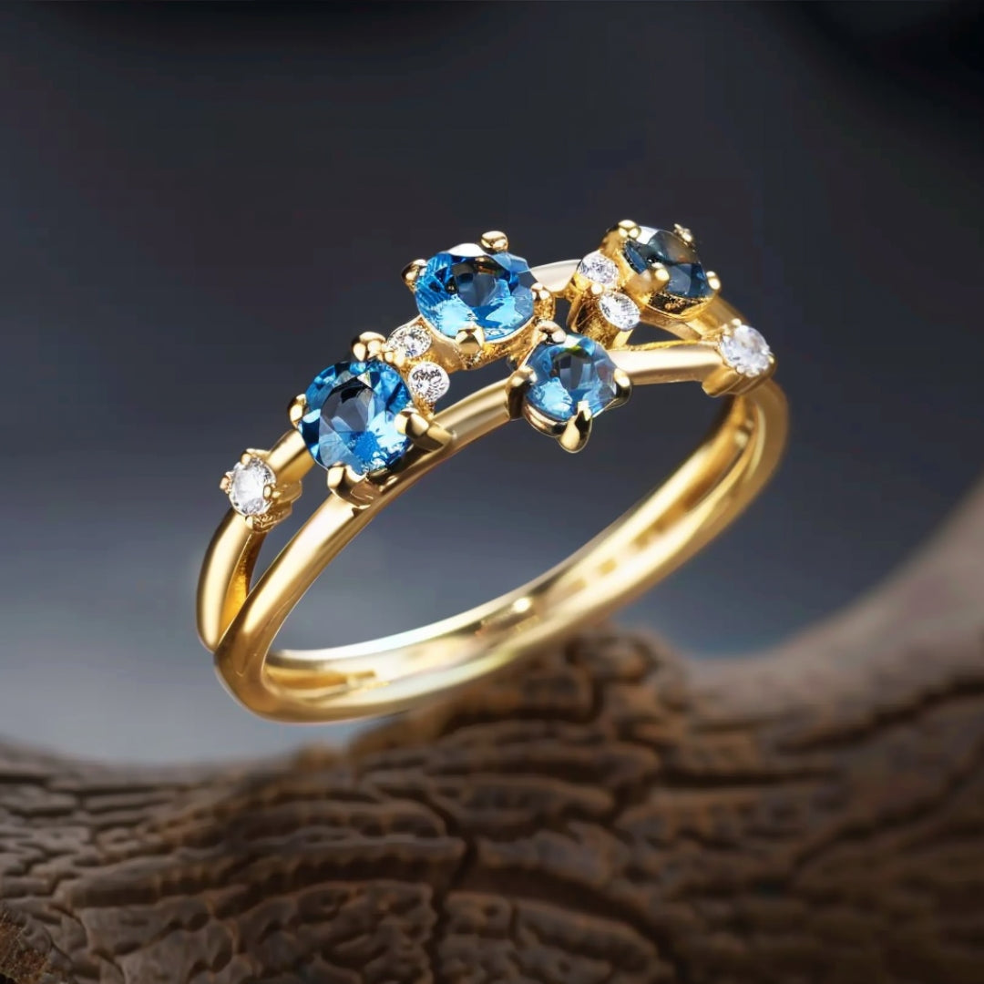 Inlaid Blue Crystal Gold Ring-Lydieannejewelry