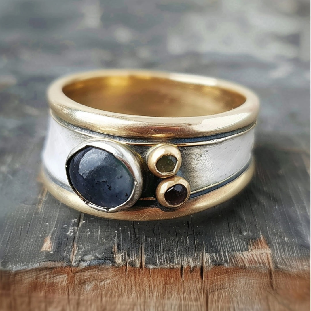Gold & Silver Inlaid Blue Stone Ring-Lydieannejewelry