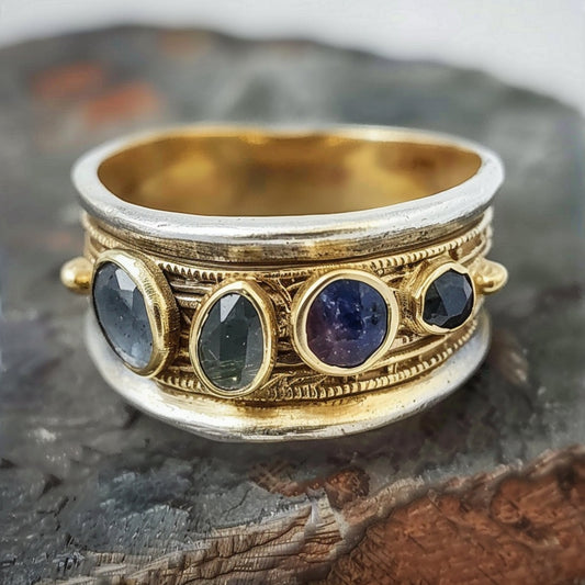 Gold Inlaid Blue Stones Ring-Lydieannejewelry